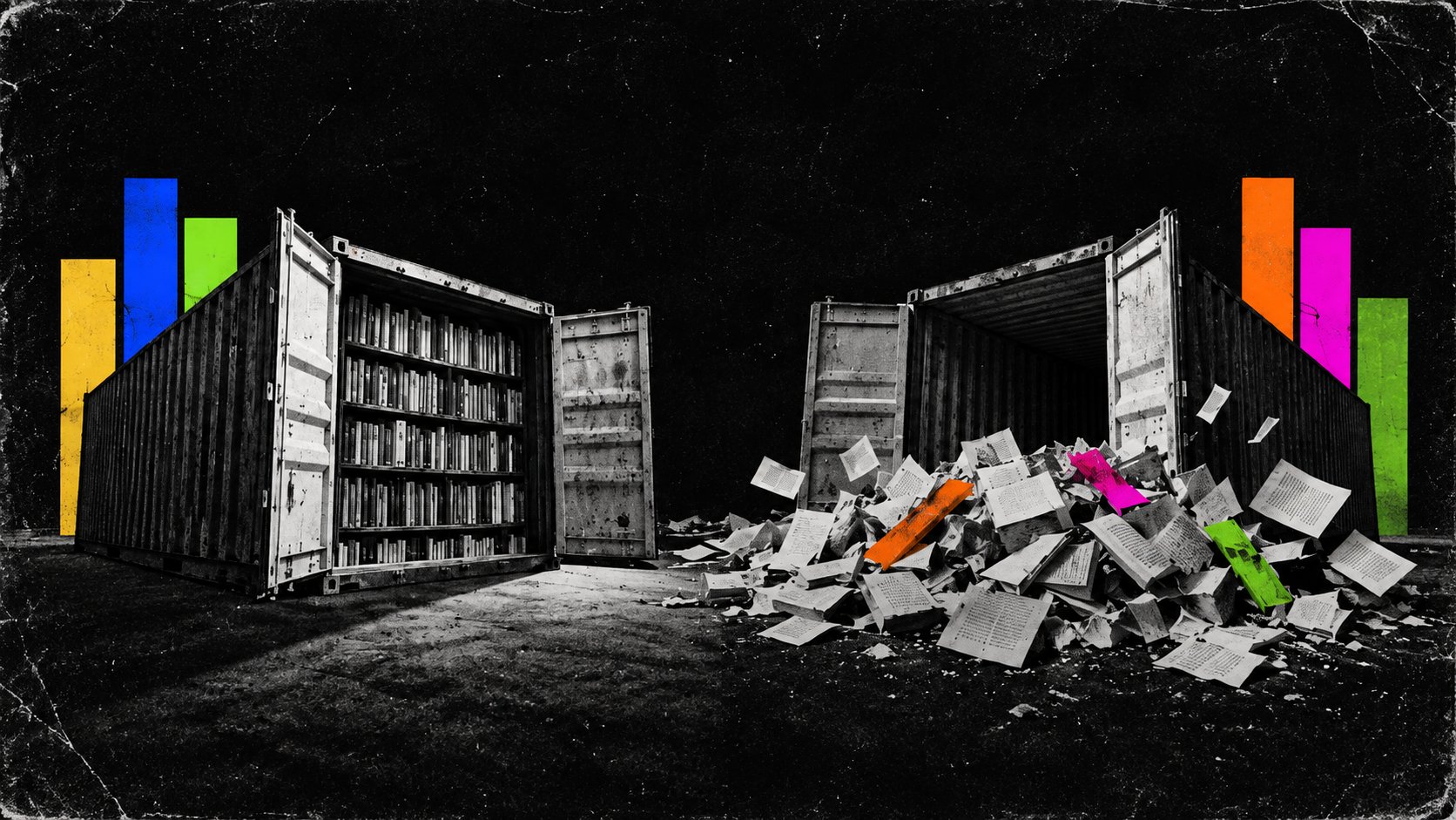 Illustration: two open shipping containers. The left one is full of intact books on shelves; the right one is empty, with a heap of discarded pages and colored spine strips in front of it.