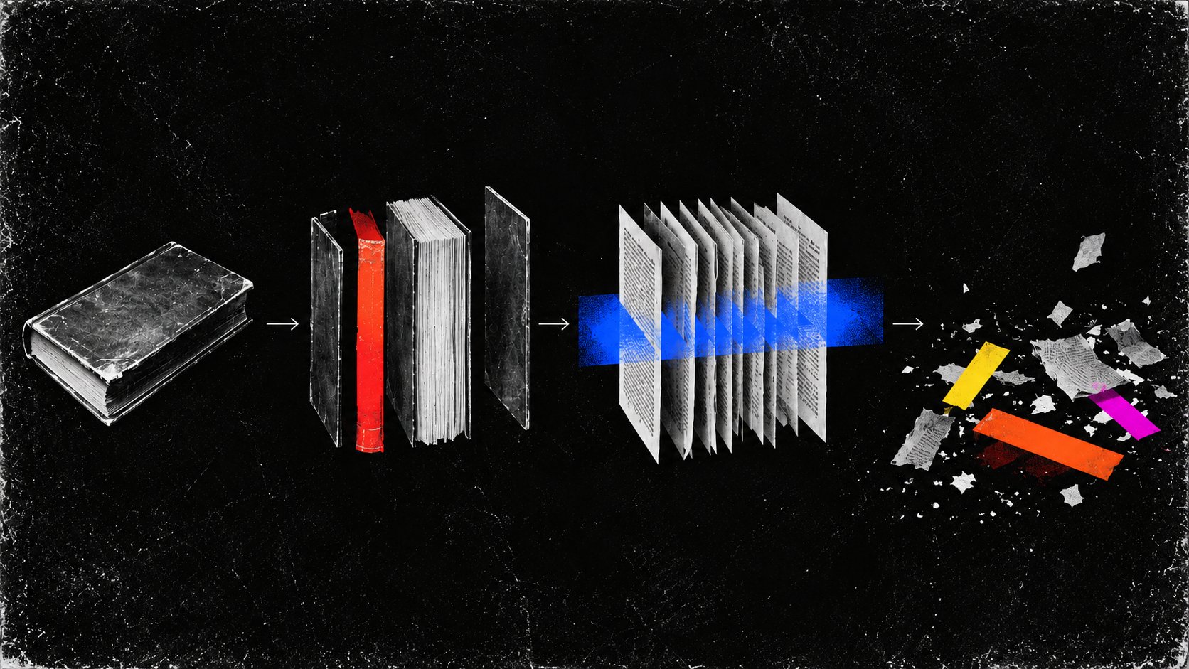 Illustration: a book, then the same book with its spine cut off, then its loose pages passing through a blue scanner beam, then scraps of paper and colored spine strips on the ground.