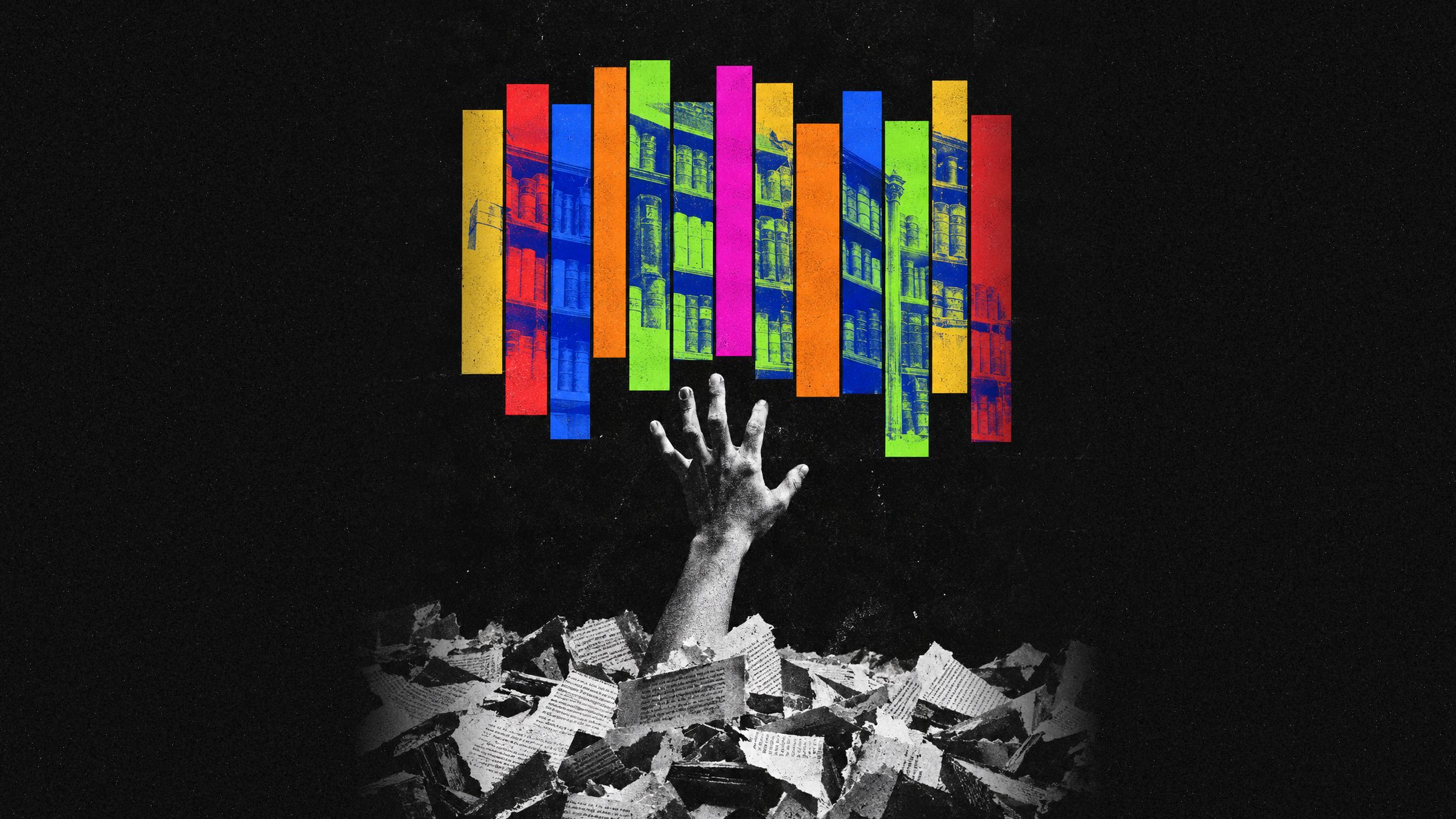 Collage: a black-and-white hand reaches up out of a heap of torn book pages toward a row of brightly colored book spines, with library shelves visible through them.